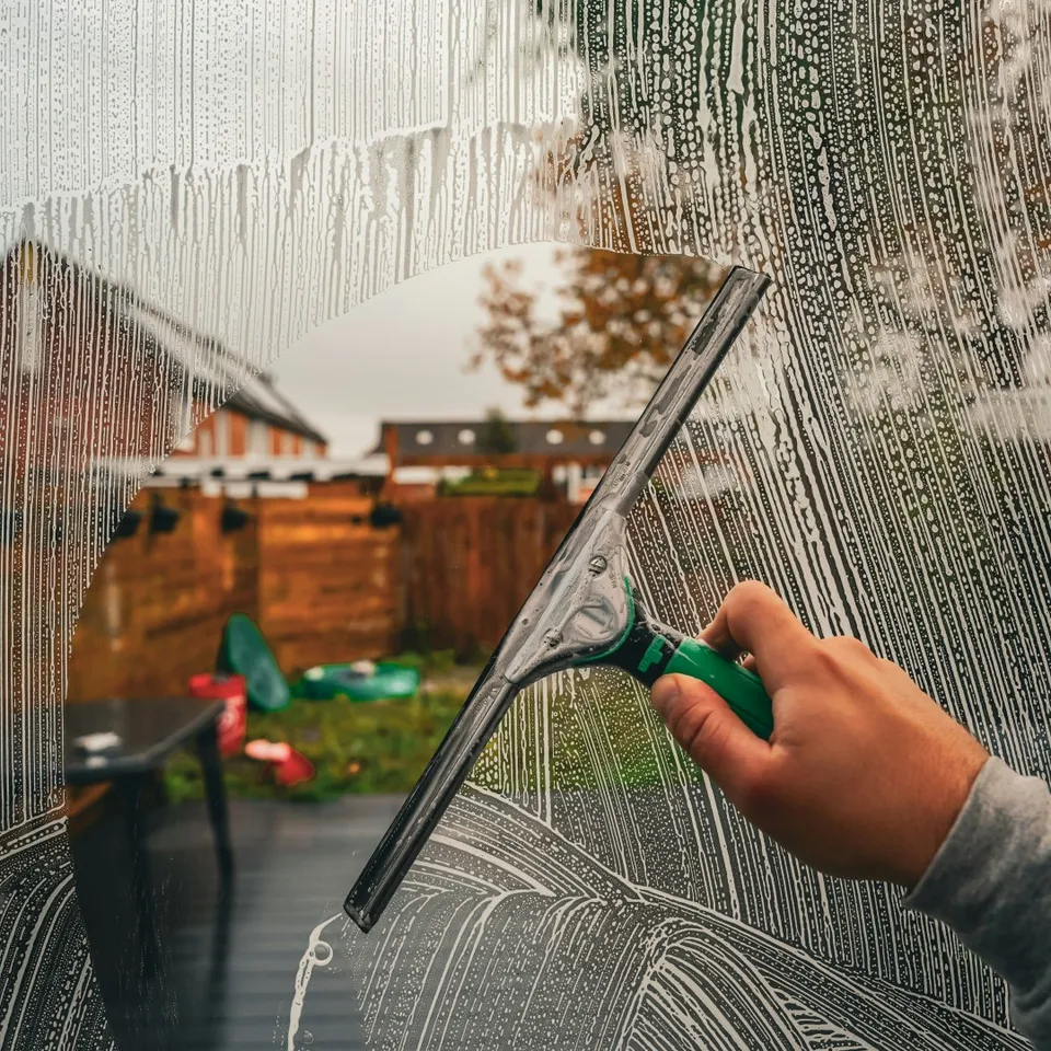 Squeegeeing soap off a window to reveal a clear, streak-free view